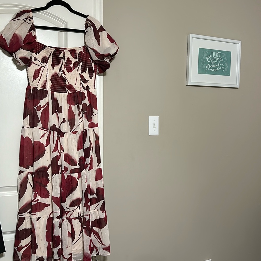 Maroon and cream maxi dress with puff sleeves